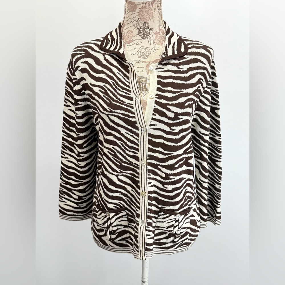 MARISA CHRISTINA Brown and cream knit Zebra pattern cardigan sweater size L